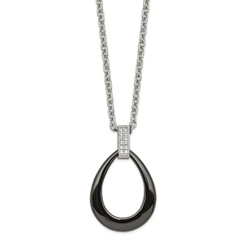 Stainless Steel Polished Black Ceramic Teardrop w/CZ 22in Necklace