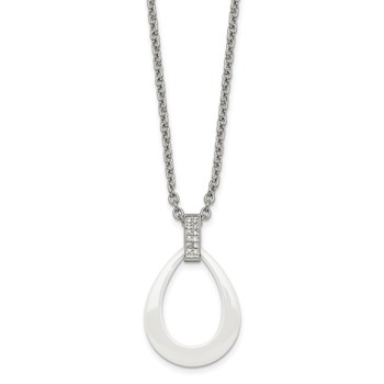 Stainless Steel Polished White Ceramic Teardrop w/CZ 22in Necklace
