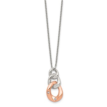 Stainless Steel Polished Rose IP-plated w/Crystal Three Loop 18in Necklace — alternate view