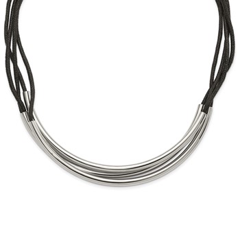 Stainless Steel Polished 3 Tube w/ Black Wax Cord Necklace