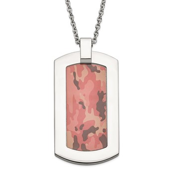 Stainless Steel Polished Printed Pink Camo Under Clear Rubber Necklace