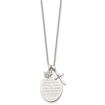 Chisel Stainless Steel Polished French Serenity Prayer with CZ Cross and Angel Pendants on an 18 inch Plus a 2 inch Extension Cable Chain Necklace — alternate view