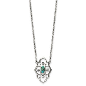 Stainless Steel Polished CZ and Imitation Turquoise w/2in ext Necklace — alternate view
