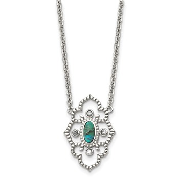 Stainless Steel Polished CZ and Imitation Turquoise w/2in ext Necklace