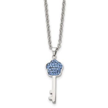 Stainless Steel Polished Blue Crystal Flower Key18 inch Necklace