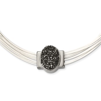 Stainless Steel 18+2.5in Cotton Cord Polished Grey Crystal Necklace