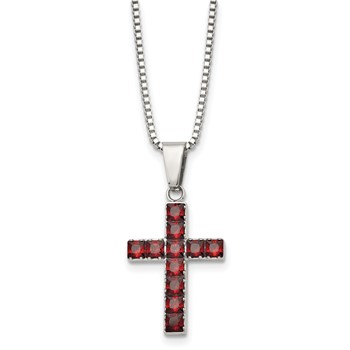 Chisel Stainless Steel Polished with Red Square CZ Cross Pendant on an 18 inch Box Chain Necklace