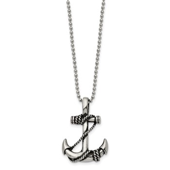 Chisel Stainless Steel Antiqued and Polished Anchorwiht Rope Pendant on a 22 inch Ball Chain Necklace — alternate view