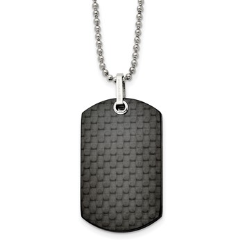 Stainless Steel 24in Polished Solid Black Carbon Fiber Dog Tag Necklace