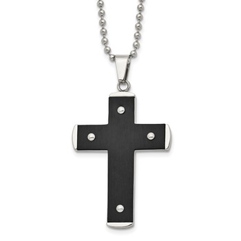 Stainless Steel Brushed and Polished Black IP-plated Cross 22in Necklace
