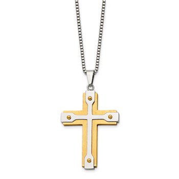 Chisel Stainless Steel Brushed and Polished Yellow IP-plated Cross Pendant on a 22 inch Box Chain Necklace — alternate view