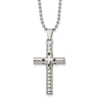 Stainless Steel Polished and Textured with Black Enamel Cross 24 Inch Necklace