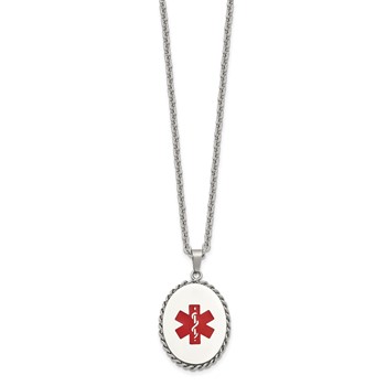 Chisel Stainless Steel Polished with Red Enamel Oval Medical ID Pendant on a 20 inch Cable Chain Necklace — alternate view