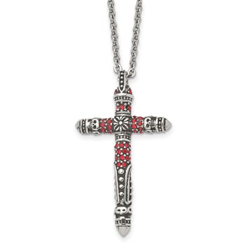 Stainless Steel Antiqued and Polished w/Red Crystal Cross 22in Necklace