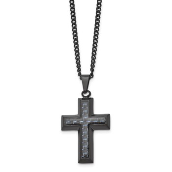 Chisel Stainless Steel Polished Black IP-plated with Blue Carbon Fiber Inlay Cross Pendant on a 24 inch Curb Chain Necklace — alternate view