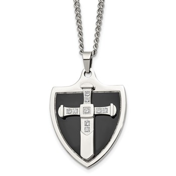 Chisel Stainless Steel Polished Black IP-plated with CZ Cross Shield Pendant on a 24 inch Curb Chain Necklace