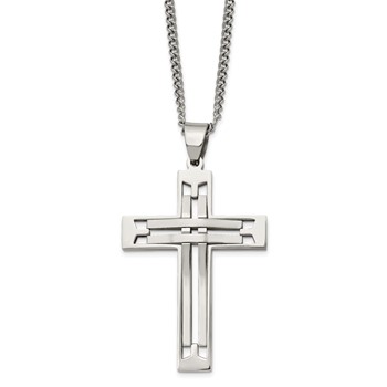 Chisel Stainless Steel Polished Cross Pendant on a 24 inch Curb Chain Necklace