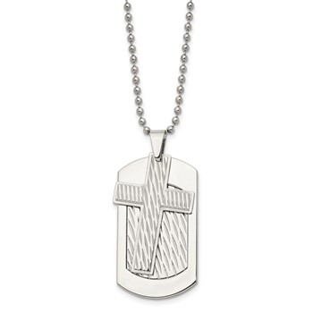 Chisel Stainless Steel Polished and Textured 2 Piece Cross Dog Tag on a 24 inch Ball Chain Necklace