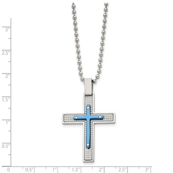 Stainless Steel Polished & Textured Blue IP-plated Cross 22in Necklace — alternate view