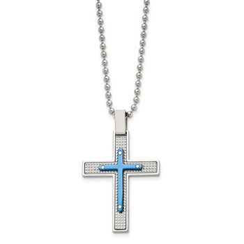 Stainless Steel Polished & Textured Blue IP-plated Cross 22in Necklace