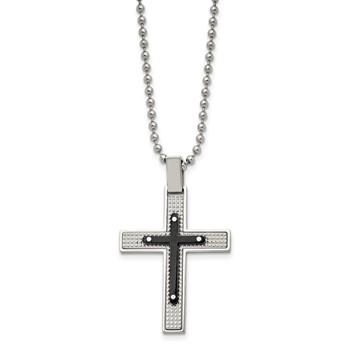 Stainless Steel Polished and Textured Black IP-plated Cross 22in Necklace — alternate view