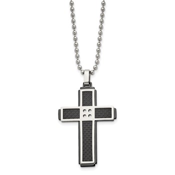 Stainless Steel Polished Black IP-plated Solid Carbon Fiber Cross Necklace — alternate view