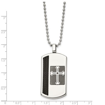 Chisel Stainless Steel Brushed and Polished Black IP-plated Cable Inlay Cross Dog Tag on a 22 inch Ball Chain Necklace — alternate view