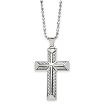 Chisel Stainless Steel Polished with Grey Carbon Fiber Inlay Cross Pendant on a 24 inch Ball Chain Necklace