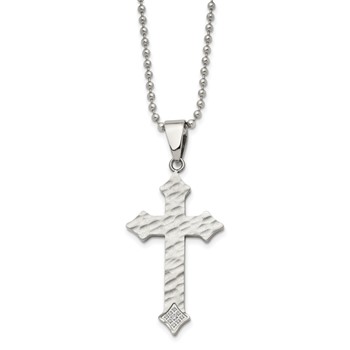 Chisel Stainless Steel Polished and Satin Hammered with CZ Cross Pendant on a 22 inch Ball Chain Necklace