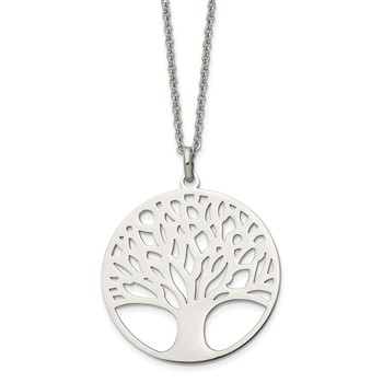 Chisel Stainless Steel Polished Tree of Life Cut-out Large Circle Pendant on a 24 inch Cable Chain Necklace