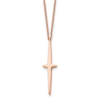 Chisel Stainless Steel Polished Rose IP-plated Cross Pendant on a 16 inch with 2 inch extension Cable Chain Necklace