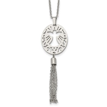 Stainless Steel Polished Angel w/Tassel Dangle 20in Necklace