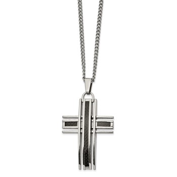 Chisel Stainless Steel Polished with Black Carbon Fiber Inlay Cross Pendant on a 24 inch Curb Chain Necklace