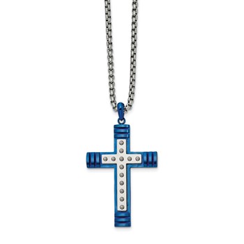 Chisel Stainless Steel Polished Blue IP-plated Cross Pendant on a 22 inch Box Chain Necklace