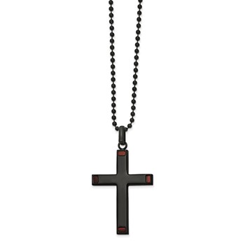 Chisel Stainless Steel Polished Black IP-plated with Tiger's Eye Cross Pendant on a 22 inch Ball Chain Necklace