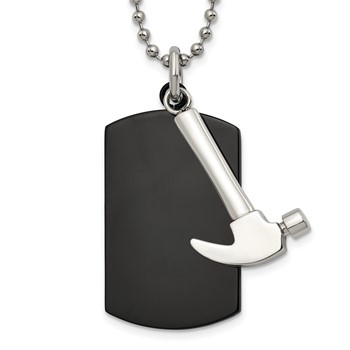Chisel Stainless Steel Polished Black IP-plated Dog Tag with Hammer Pendant on a 24 inch Ball Chain Necklace