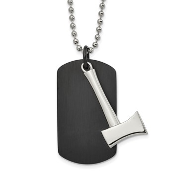 Chisel Stainless Steel Brushed and Polished Black IP-plated Dog Tag with Axe Pendant on a 24 inch Ball Chain Necklace