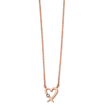 Chisel Stainless Steel Polished Rose IP-plated with Austrian Crystal Heart on a 16 inch Cable Chain with a 2 inch Extension Necklace — alternate view