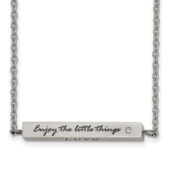 Chisel Stainless Steel Polished and Enameled with CZ ENJOY THE LITTLE THINGS Bar on a 16 inch Cable Chain with a 2 inch Extension Necklace