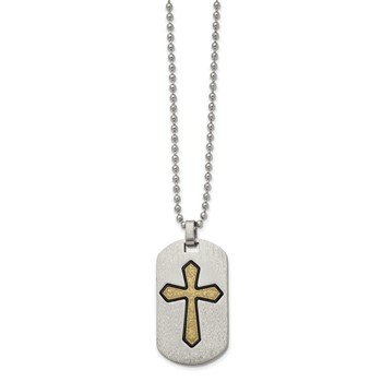 Stainless Steel Brushed & Textured Black/Yellow IP Cross Dog Tag 22in Neckl