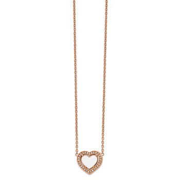 Chisel Stainless Steel Polished Rose IP-plated White Enamel with CZ Heart on a 19 inch Cable Chain with a 2 inch Extension Necklace