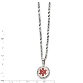 Chisel Stainless Steel Polished with Red Enamel Circle Medical ID Pendant on a 20 inch Curb Chain Necklace — alternate view
