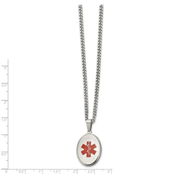 Chisel Stainless Steel Polished with Red Enamel Oval Medical ID Pendant on a 20 inch Curb Chain Necklace — alternate view
