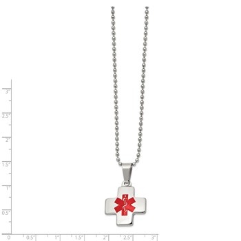 Chisel Stainless Steel Polished with Red Enamel Cross Medical ID Pendant on a 20 inch Ball Chain Necklace — alternate view