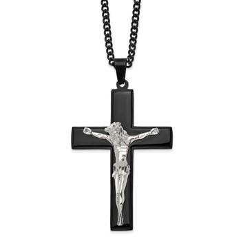 Chisel Stainless Steel Polished Black IP-plated Crucifix Pendant on a 24 inch Curb Chain Necklace