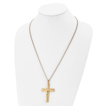 Chisel Stainless Steel Polished Yellow IP-plated Crucifix Pendant on a 24 inch Curb Chain Necklace — alternate view