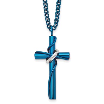 Chisel Stainless Steel Polished Blue IP-plated Cross with Moveable Ring Pendant on a 24 inch Curb Chain Necklace