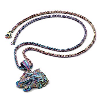 Chisel Stainless Steel Polished Rainbow IP-plated Wolf Head Pendant on a 24 inch Box Chain Necklace — alternate view