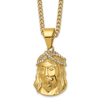 Chisel Stainless Steel Polished Yellow IP-plated with Crystal Jesus Pendant on a 24 inch Curb Chain Necklace