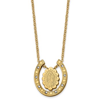 Chisel Stainless Steel Polished Yellow IP-plated with Crystal Our Lady of Guadalupe Horseshoe on a 18 inch Cable Chain Necklace